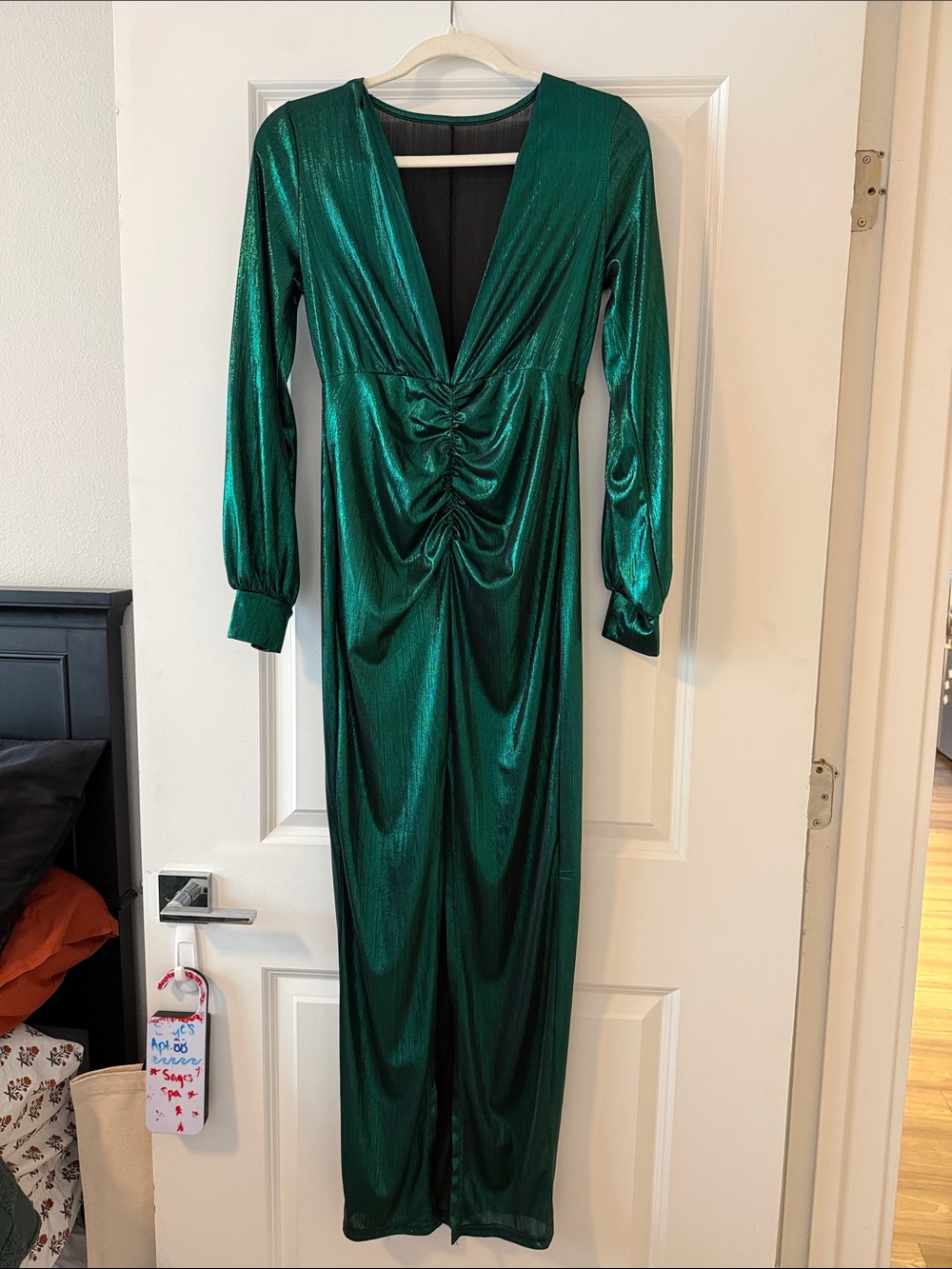 Metallic Emerald Green Ruched V-Neck Maxi Dress
